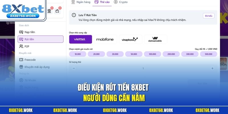 Điều kiện rút tiền 8xbet người dùng cần nắm